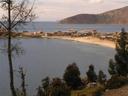 Starting the hike across the Isla del Sol and looking back at the village we had arrived at.